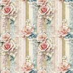 dusty rose, sage green, cream, gold accents, vertical stripes, floral pattern, roses, peonies, botanical design, lace details, pearls, romantic style, vintage aesthetic,, fabric panel, soft pastels, delicate flowers, ornate details, feminine design, shabby chic