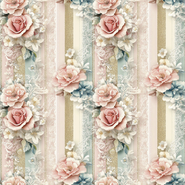 dusty rose, sage green, cream, gold accents, vertical stripes, floral pattern, roses, peonies, botanical design, lace details, pearls, romantic style, vintage aesthetic,, fabric panel, soft pastels, delicate flowers, ornate details, feminine design, shabby chic