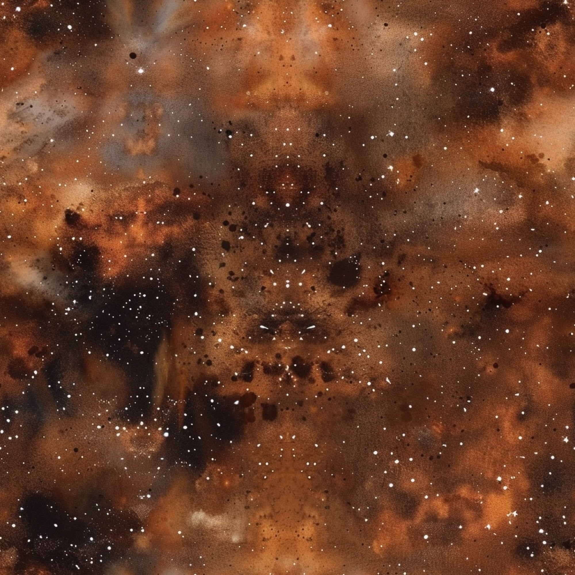 brown, rust, amber, orange, copper, galaxy pattern, celestial, stars, cosmic, nebula, space theme, painted effect, astronomical,, fabric panel, dusty clouds, starfield, deep space, swirling patterns, earthy tones