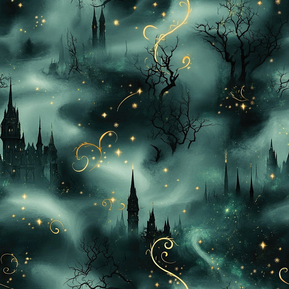 teal, sage green, forest green, gold, golden yellow, black, dark teal, mystical, magical, fantasy, celestial, castle, towers, spires, enchanted, whimsical, gothic, dark fantasy, stars, moon, bare trees, haunted, night sky, fairy tale, storybook, elegant, moody, atmospheric, winter, dark academia