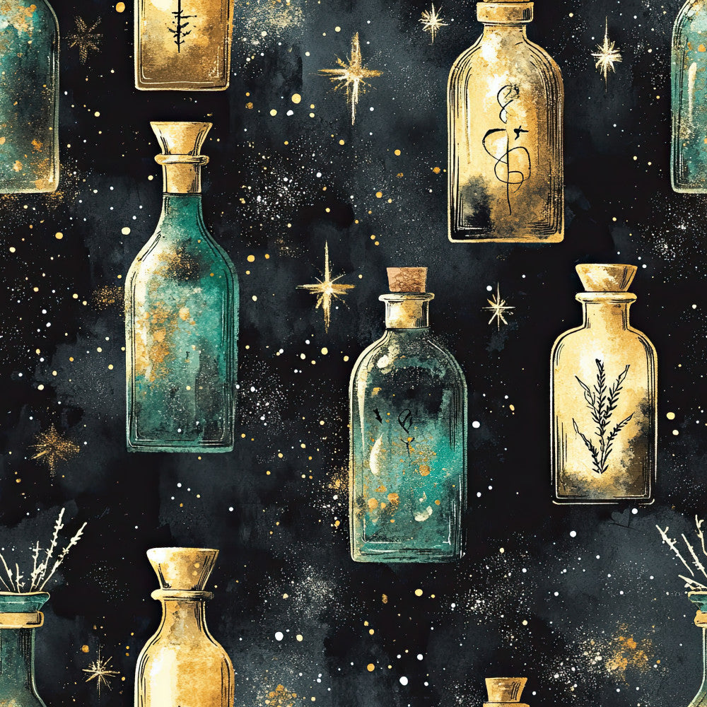 celestial, dark navy, forest green, gold, teal, starry night, potion bottles, witchy, magical, mystical, apothecary, herbs, botanical, stars, sparkles, vintage, elegant, whimsical, gothic, alchemy, spellbook, constellation, enchanted, dark academia, boho, moon phases, nature, sophisticated, moody