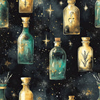 celestial, dark navy, forest green, gold, teal, starry night, potion bottles, witchy, magical, mystical, apothecary, herbs, botanical, stars, sparkles, vintage, elegant, whimsical, gothic, alchemy, spellbook, constellation, enchanted, dark academia, boho, moon phases, nature, sophisticated, moody