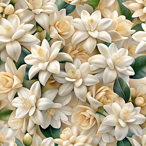 cream flowers, white blooms, magnolia blossoms, ivory petals, golden stamens, green leaves, realistic floral, botanical pattern, layered flowers, soft pastels, elegant blooms,, fabric panel, nature inspired, delicate petals, warm tones, seamless design, sophisticated floral, natural beauty