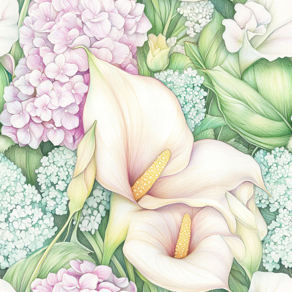 pastel colors, calla lily, floral pattern, hydrangea, botanical illustration, cream white, soft pink, sage green, mint green, yellow stamens,, fabric panel, watercolor style, delicate flowers, spring florals, garden blooms, feminine design, soft pastels, realistic florals, nature motifs