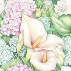 pastel colors, calla lily, floral pattern, hydrangea, botanical illustration, cream white, soft pink, sage green, mint green, yellow stamens,, fabric panel, watercolor style, delicate flowers, spring florals, garden blooms, feminine design, soft pastels, realistic florals, nature motifs