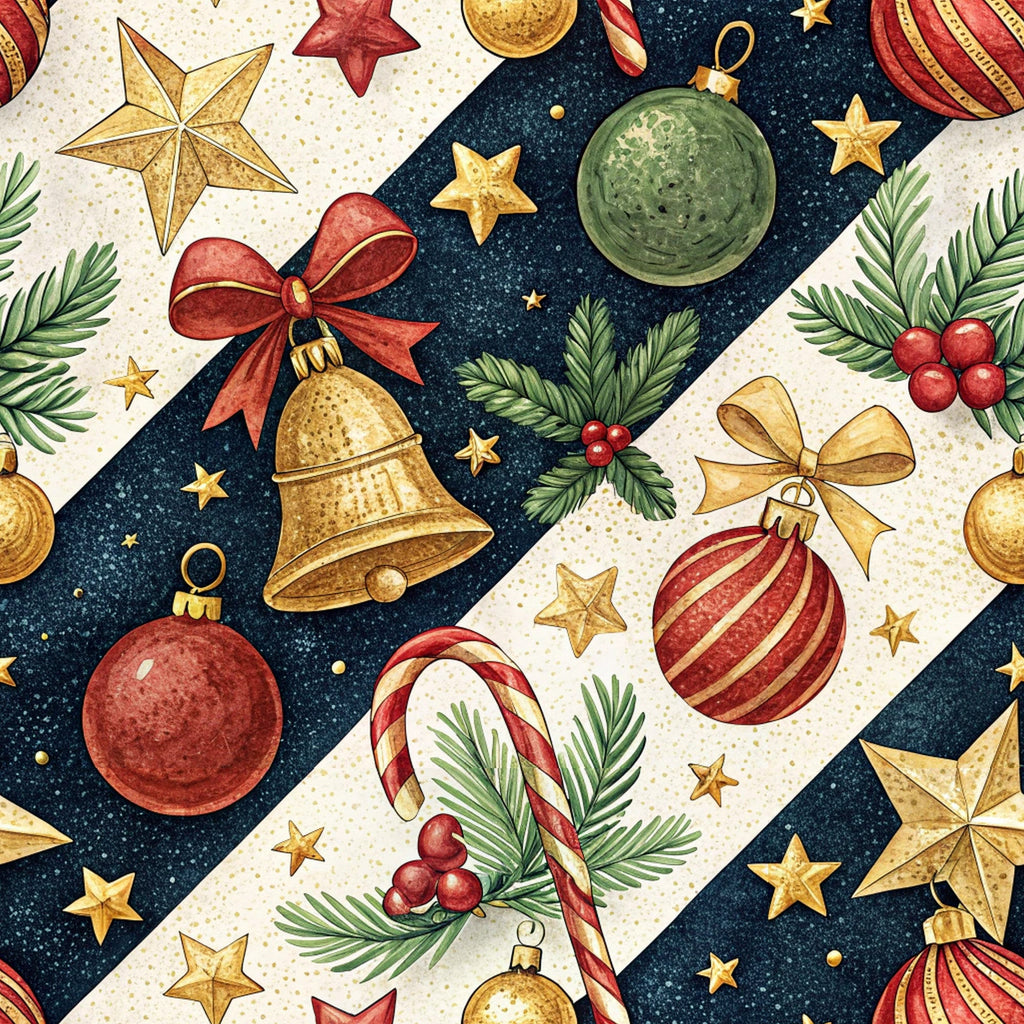 christmas ornaments, holiday pattern, red baubles, gold bells, green ornaments, candy canes, holly berries, evergreen branches, golden stars, red ribbons, navy blue background, cream stripes, festive motifs, seasonal fabric,, fabric panel, watercolor style, diagonal stripes, winter holidays, decorative elements