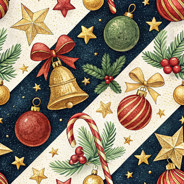 christmas ornaments, holiday pattern, red baubles, gold bells, green ornaments, candy canes, holly berries, evergreen branches, golden stars, red ribbons, navy blue background, cream stripes, festive motifs, seasonal fabric,, fabric panel, watercolor style, diagonal stripes, winter holidays, decorative elements