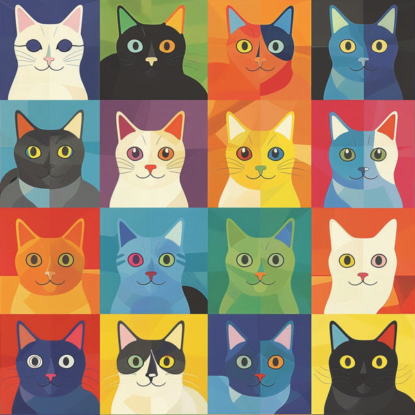 cat faces, geometric cats, patchwork squares, quilting panel, cotton fabric, colorful blocks, navy blue, orange, green, purple, yellow, red, teal, white, heterochromia eyes, different colored eyes, modern art style, feline portraits, grid layout, bright colors, pop art cats, craft fabric, sewing material