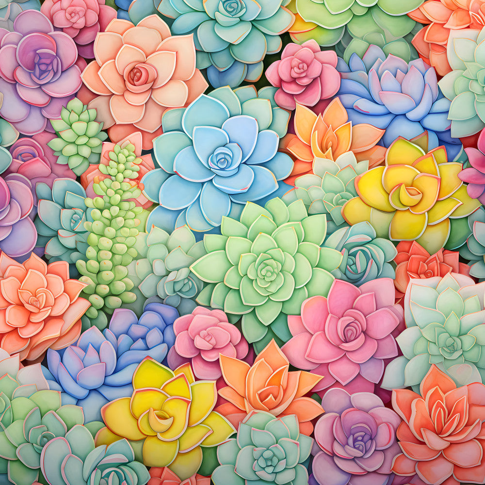 succulent flowers, pastel pink, soft blue, pale yellow, coral orange, mint green, lavender purple, floral pattern, botanical design, whimsical style, modern botanical, spring flowers, summer garden, nature theme, colorful succulents, layered petals, rose motifs, playroom decor, nursery fabric, kids room, baby shower, cheerful design, vibrant florals, hand-drawn style, artistic botanical, cottage core, garden inspired, rainbow colors, dimensional flowers
