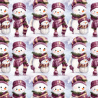 plum purple, cream white, gold accents, striped pattern, plaid pattern, snowman, winter theme, christmas, holiday, whimsical, cute, cheerful, snowy background, family snowmen, festive, children's fabric, kids room, nursery, playroom, baby gift, cozy, seasonal, winter clothing, decorative scarf detail, carrot nose, friendly faces, snow scene, traditional christmas, child-friendly, soft aesthetic