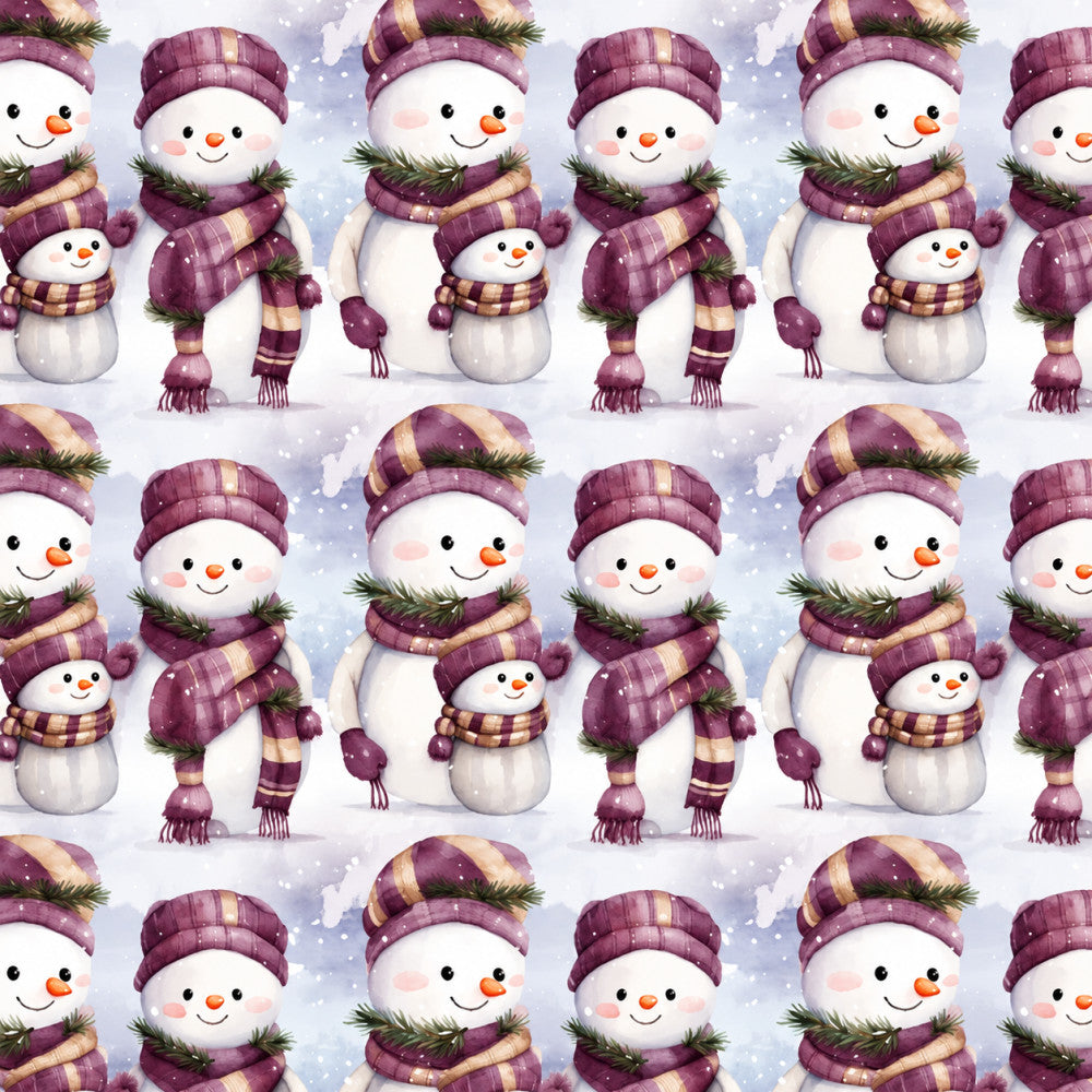 plum purple, cream white, gold accents, striped pattern, plaid pattern, snowman, winter theme, christmas, holiday, whimsical, cute, cheerful, snowy background, family snowmen, festive, children's fabric, kids room, nursery, playroom, baby gift, cozy, seasonal, winter clothing, decorative scarf detail, carrot nose, friendly faces, snow scene, traditional christmas, child-friendly, soft aesthetic