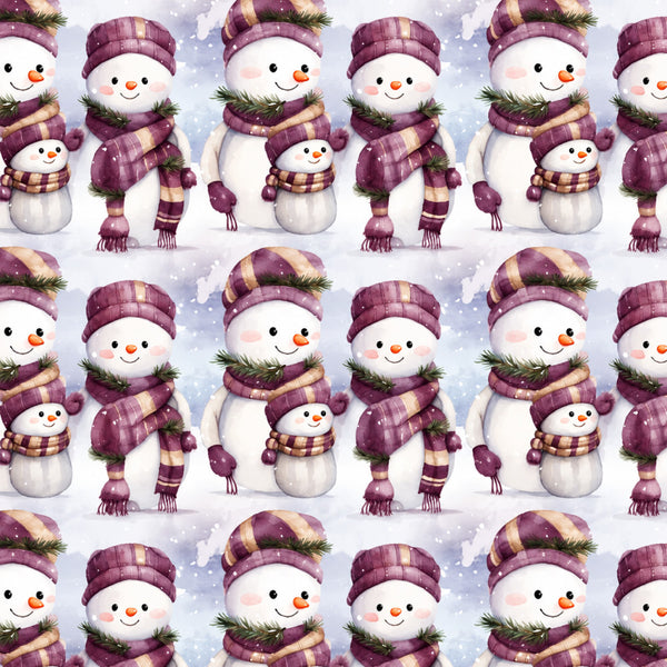 plum purple, cream white, gold accents, striped pattern, plaid pattern, snowman, winter theme, christmas, holiday, whimsical, cute, cheerful, snowy background, family snowmen, festive, children's fabric, kids room, nursery, playroom, baby gift, cozy, seasonal, winter clothing, decorative scarf detail, carrot nose, friendly faces, snow scene, traditional christmas, child-friendly, soft aesthetic