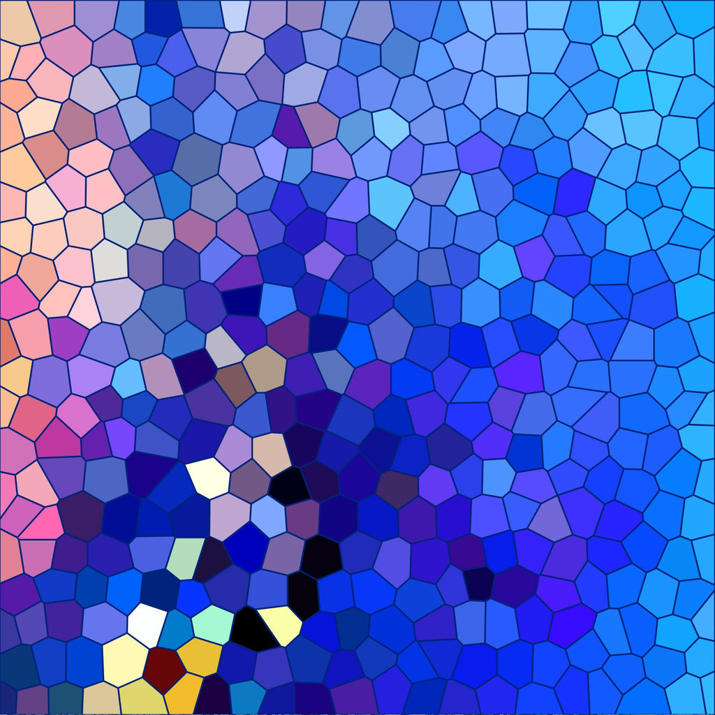 mosaic pattern, stained glass, geometric design, blue tones, purple hues, turquoise, navy blue, coral pink, hexagonal shapes, irregular polygons, abstract art, contemporary style, digital art, color gradient,, fabric panel, modern quilting, patchwork design, vibrant colors, artistic mosaic
