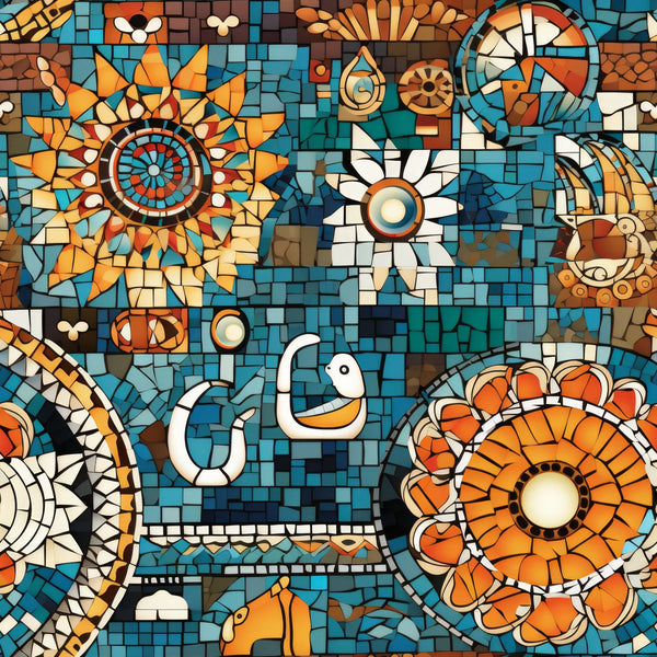 mosaic art, stained glass, geometric patterns, floral motifs, sunburst designs, turquoise blue, burnt orange, cream white, terra cotta, golden yellow, circular medallions, decorative tiles, abstract flowers, radiating petals,, fabric panel, artistic design, contemporary style, vibrant colors, tessellated pattern