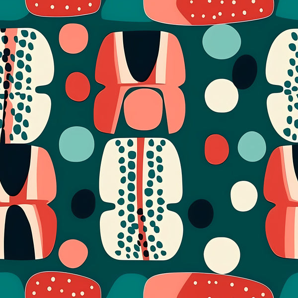 teal green, coral pink, cream, navy blue, geometric, abstract, modern, whimsical, contemporary, circles, dots, organic shapes, mid-century modern, playroom, kids room, nursery, gender neutral, boho, bohemian, artistic, nature inspired, retro, vintage modern, salmon pink, light blue, decorative shapes, artistic pattern, playful, children's design
