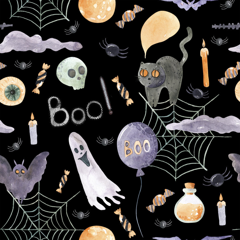 halloween, black background, orange moon, purple moon, ghost, witch cat, spiderweb, spiders, candy corn, potion bottle, candle, bat, skull, eye, clouds, whimsical, spooky, festive, dark, autumn, fall, kids, children, playroom, nursery, trick-or-treat, haunted, creepy cute, orange, purple