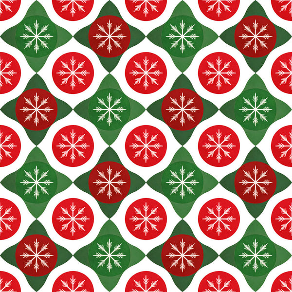 christmas, holiday, snowflake, red, green, white, festive, geometric, diamond, circle, winter, traditional, classic, seasonal, snow, frost, elegant, formal, retro, vintage, mid-century modern, symmetrical, repeating pattern, bright red, forest green, cream, decorative, timeless