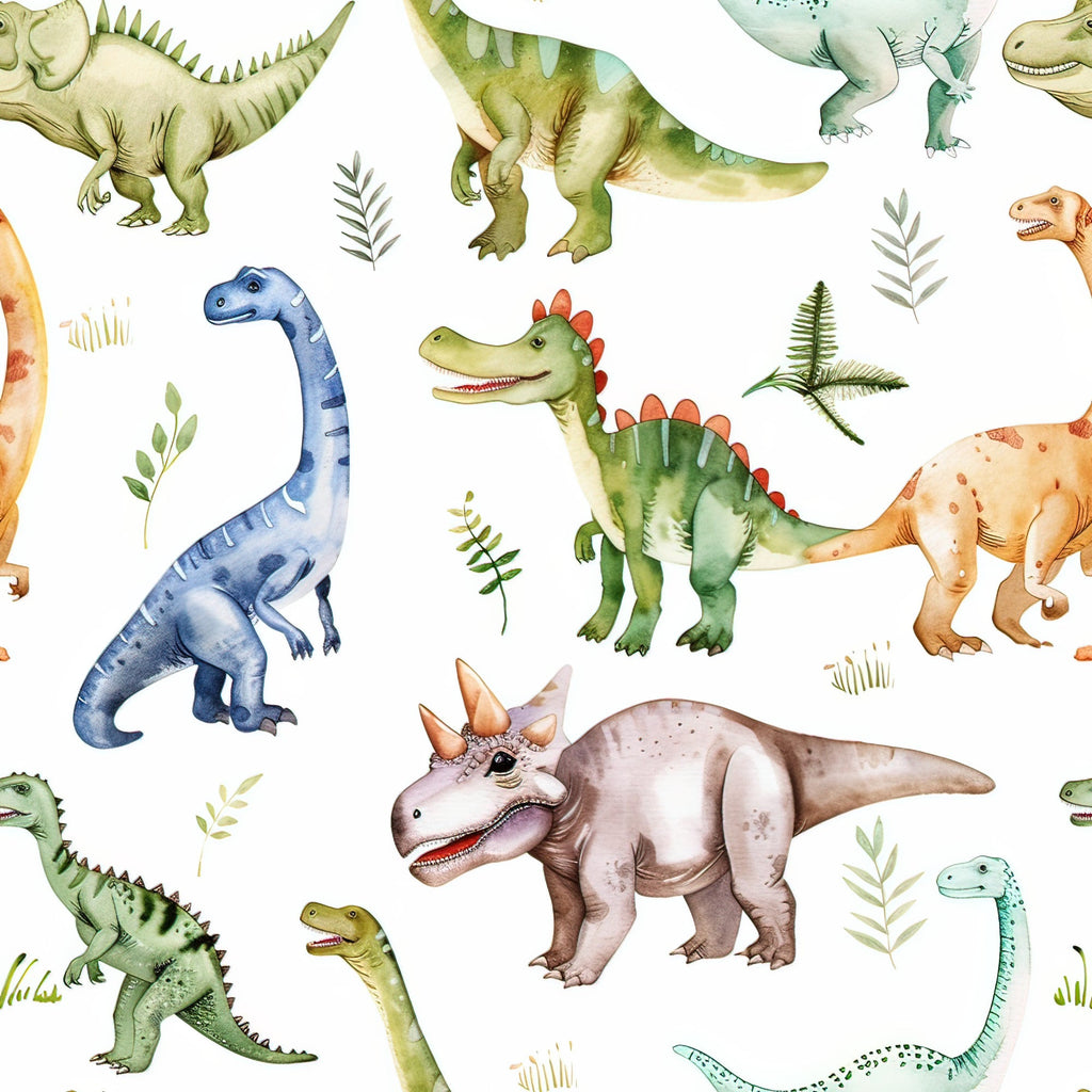 watercolor dinosaurs,, fabric panel, prehistoric creatures, soft pastels, blue dinosaur, green stegosaurus, pink triceratops, orange dinosaur, long neck dinosaur, spikes and horns, botanical elements, fern leaves, whimsical illustration, children's fabric, nursery theme, scattered pattern, gentle colors, sauropod, carnivore dinosaurs