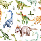 watercolor dinosaurs,, fabric panel, prehistoric creatures, soft pastels, blue dinosaur, green stegosaurus, pink triceratops, orange dinosaur, long neck dinosaur, spikes and horns, botanical elements, fern leaves, whimsical illustration, children's fabric, nursery theme, scattered pattern, gentle colors, sauropod, carnivore dinosaurs