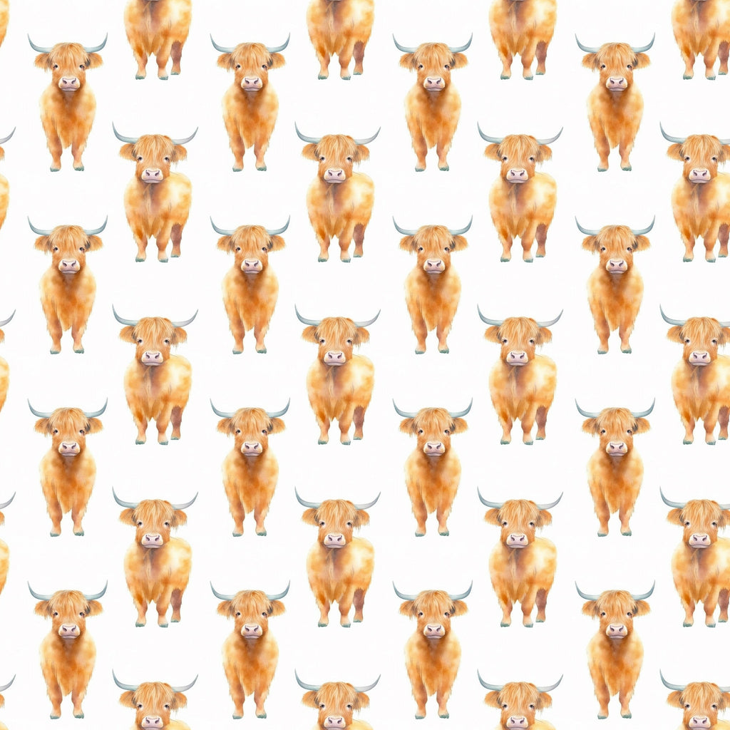highland cows, orange cattle, fluffy cows, horned animals, farm animals, repeating pattern, white background, golden brown, russet orange, cute animals, scottish cows, bovine design,, fabric panel, whimsical style, pastoral theme, country motif, agricultural animals, soft illustration, adorable creatures