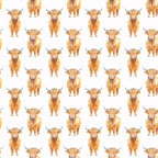 highland cows, orange cattle, fluffy cows, horned animals, farm animals, repeating pattern, white background, golden brown, russet orange, cute animals, scottish cows, bovine design,, fabric panel, whimsical style, pastoral theme, country motif, agricultural animals, soft illustration, adorable creatures