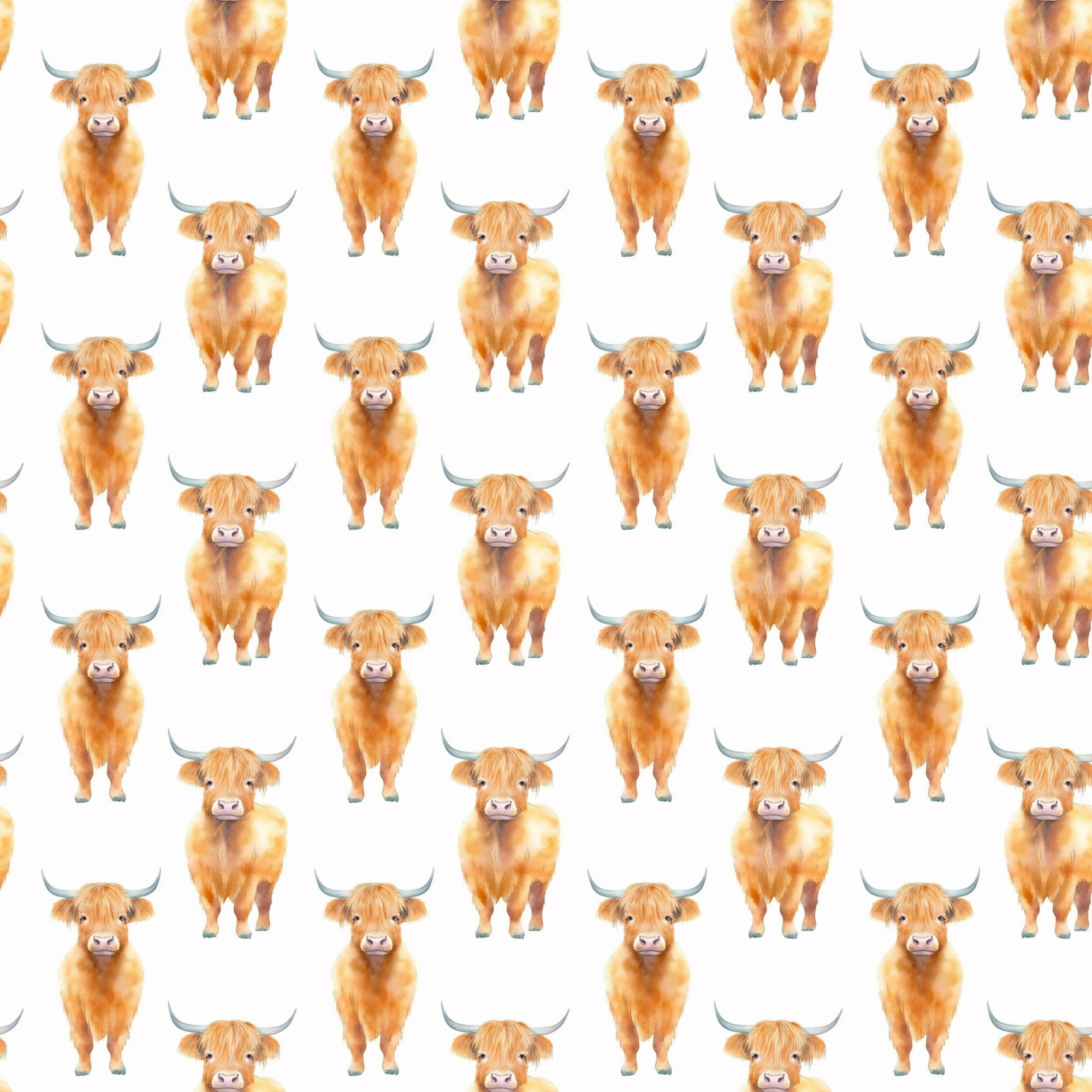 highland cows, orange cattle, fluffy cows, horned animals, farm animals, repeating pattern, white background, golden brown, russet orange, cute animals, scottish cows, bovine design,, fabric panel, whimsical style, pastoral theme, country motif, agricultural animals, soft illustration, adorable creatures