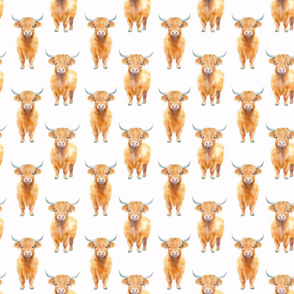 highland cows, orange cattle, fluffy cows, horned animals, farm animals, repeating pattern, white background, golden brown, russet orange, cute animals, scottish cows, bovine design,, fabric panel, whimsical style, pastoral theme, country motif, agricultural animals, soft illustration, adorable creatures