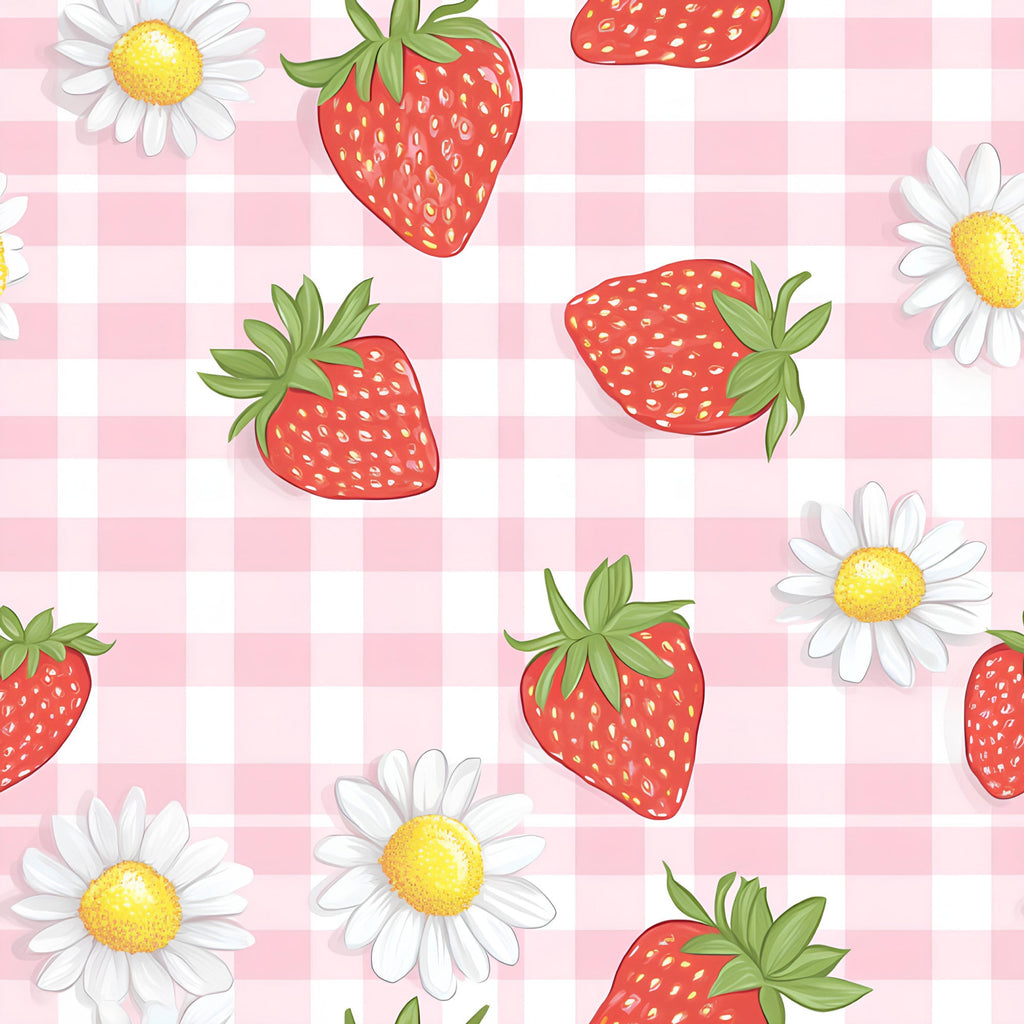 pink gingham, red strawberries, white daisies, yellow centers, green leaves, checkered background, fruit pattern, floral motif, sweet berries, cottage core, spring theme,, fabric panel, cheerful design, pastel pink, botanical elements, summer vibes, feminine aesthetic, repeating pattern