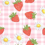 pink gingham, red strawberries, white daisies, yellow centers, green leaves, checkered background, fruit pattern, floral motif, sweet berries, cottage core, spring theme,, fabric panel, cheerful design, pastel pink, botanical elements, summer vibes, feminine aesthetic, repeating pattern