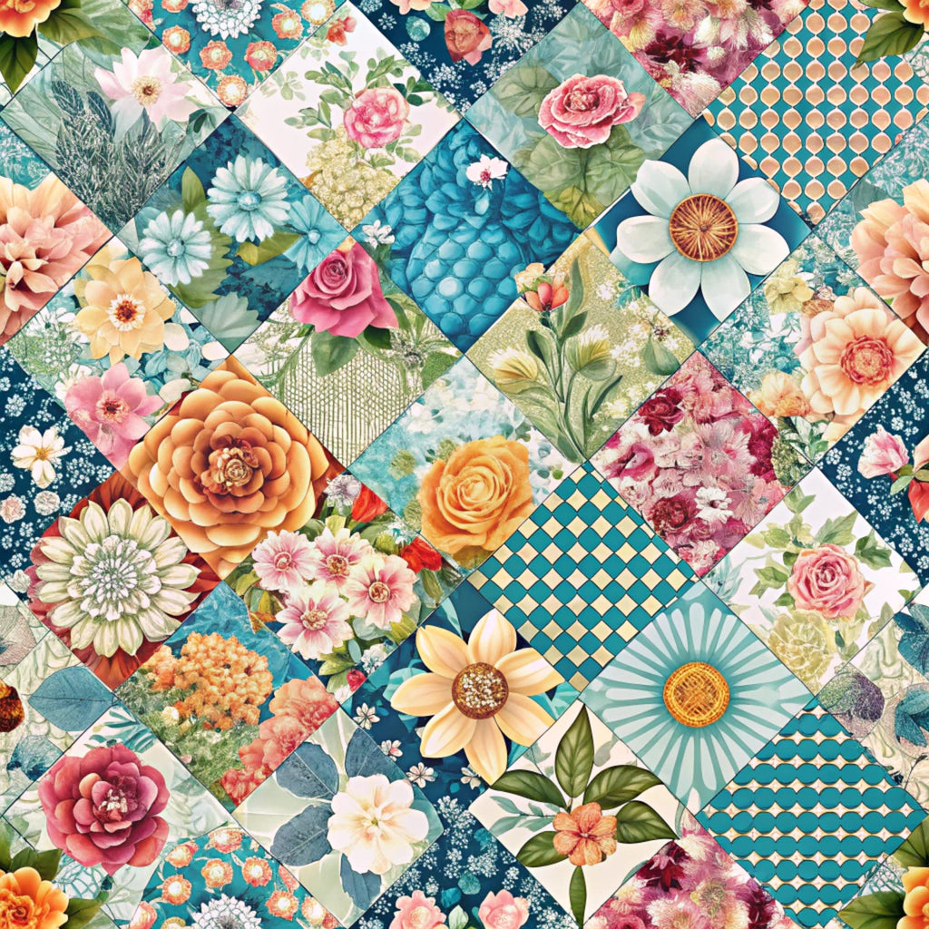 spring patchwork,, fabric panel, floral motifs, botanical prints, geometric patterns, diamond layout, teal blue, coral pink, sage green, cream white, orange blooms, rose flowers, daisy petals, vintage florals, cottage core, pastel palette, nature inspired, garden theme, quilt blocks