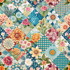 spring patchwork,, fabric panel, floral motifs, botanical prints, geometric patterns, diamond layout, teal blue, coral pink, sage green, cream white, orange blooms, rose flowers, daisy petals, vintage florals, cottage core, pastel palette, nature inspired, garden theme, quilt blocks