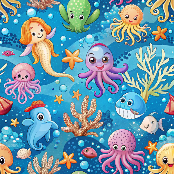 magical sea pattern, fabric, underwater scene, cartoon sea creatures, mermaid, octopus, jellyfish, starfish, whale, dolphin, coral reef, seaweed, ocean bubbles, turquoise blue, orange, pink, purple, green, whimsical art style, children's fabric, marine life, fantasy ocean, bright colors, playful design, sea animals