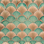 sage green, coral pink, peach, art deco, fan pattern, scallop design, geometric motifs, radiating lines, repeating pattern, vintage style, 1920s inspired,, fabric panel, luxurious feel, sophisticated design, overlapping scales, shell motifs, elegant pattern, decorative arcs