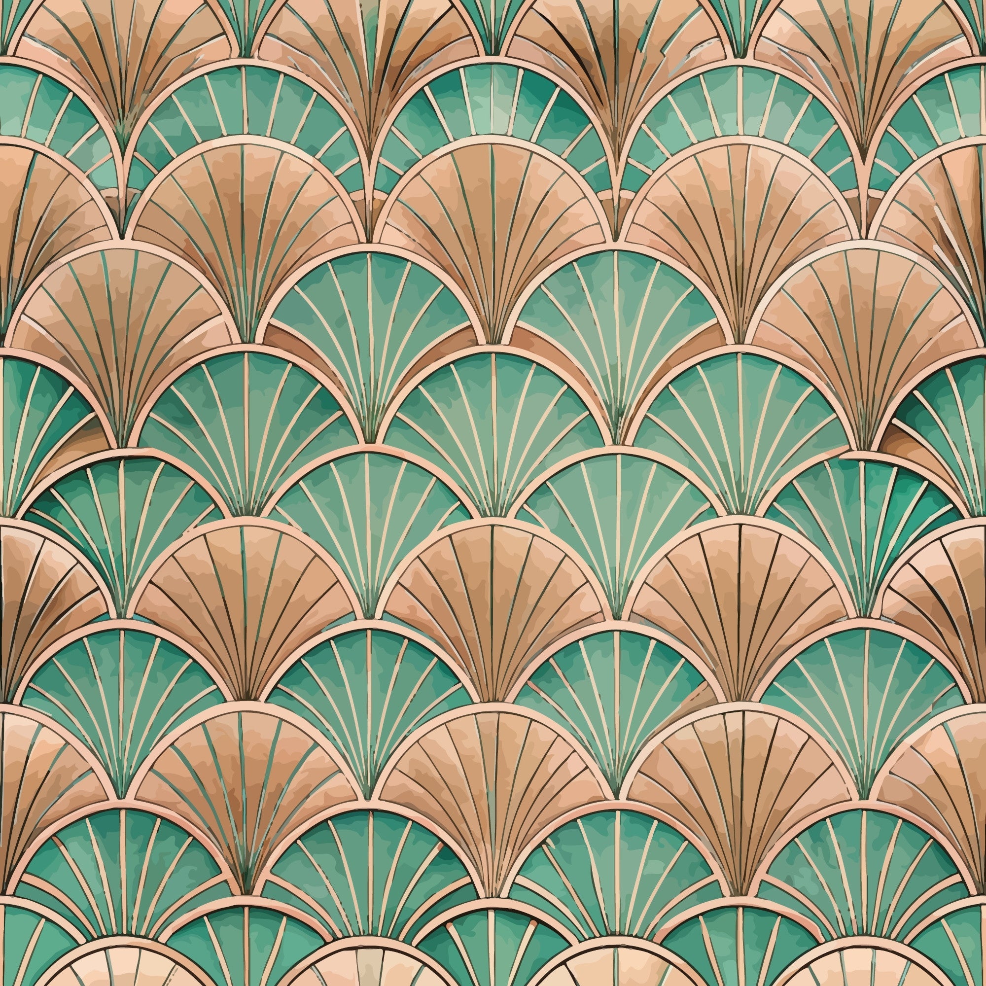 sage green, coral pink, peach, art deco, fan pattern, scallop design, geometric motifs, radiating lines, repeating pattern, vintage style, 1920s inspired,, fabric panel, luxurious feel, sophisticated design, overlapping scales, shell motifs, elegant pattern, decorative arcs