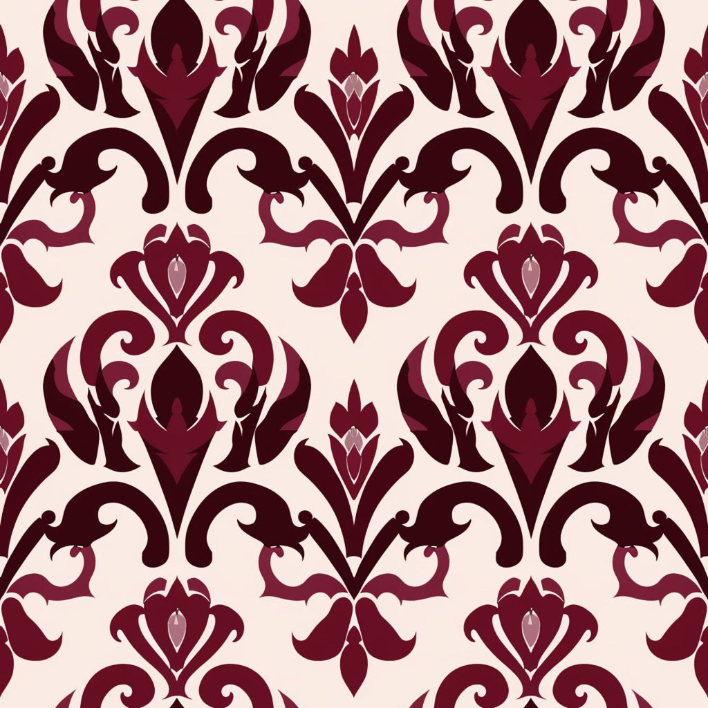burgundy, deep red, cream, beige, damask pattern, ornate scrollwork, baroque motifs, floral flourishes, elegant swirls, decorative medallions, vintage style, sophisticated design,, fabric panel, ornamental, intricate details, layered pattern, romantic aesthetic, luxurious appearance