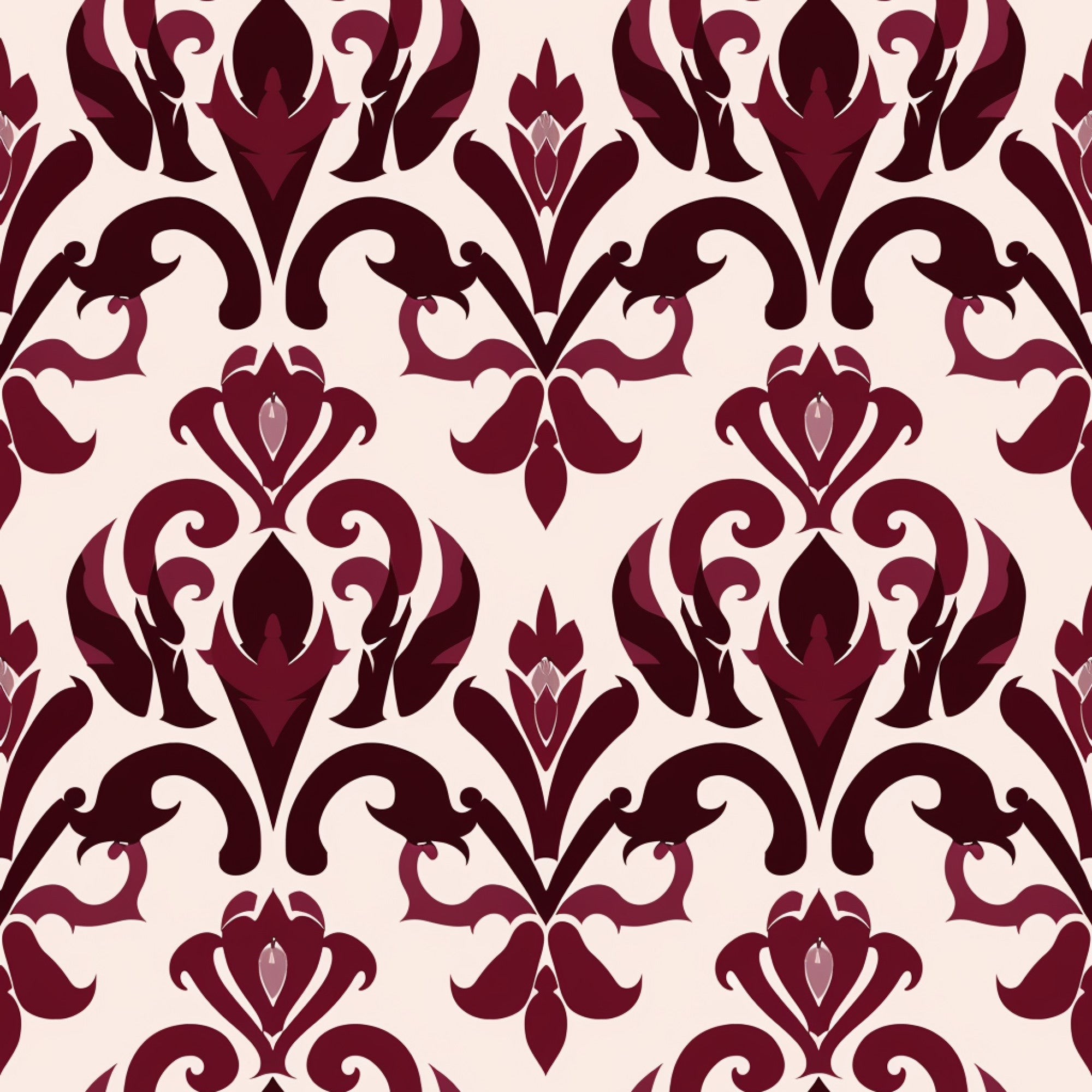 burgundy, deep red, cream, beige, damask pattern, ornate scrollwork, baroque motifs, floral flourishes, elegant swirls, decorative medallions, vintage style, sophisticated design,, fabric panel, ornamental, intricate details, layered pattern, romantic aesthetic, luxurious appearance