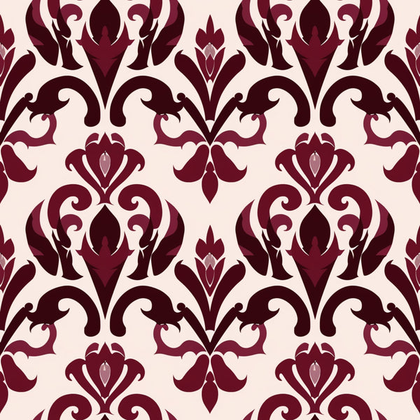 burgundy, deep red, cream, beige, damask pattern, ornate scrollwork, baroque motifs, floral flourishes, elegant swirls, decorative medallions, vintage style, sophisticated design,, fabric panel, ornamental, intricate details, layered pattern, romantic aesthetic, luxurious appearance