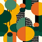 forest green, mustard yellow, burnt orange, teal, dark teal, cream, black, geometric, abstract, modern, contemporary, mid-century modern, circles, triangles, dots, retro, playful, bold, colorful, contemporary art, whimsical, fun, vibrant, kids, children, nursery, playroom
