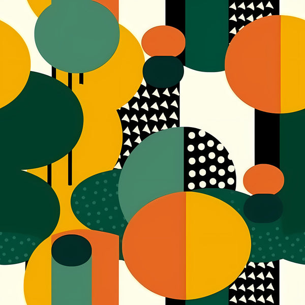 forest green, mustard yellow, burnt orange, teal, dark teal, cream, black, geometric, abstract, modern, contemporary, mid-century modern, circles, triangles, dots, retro, playful, bold, colorful, contemporary art, whimsical, fun, vibrant, kids, children, nursery, playroom