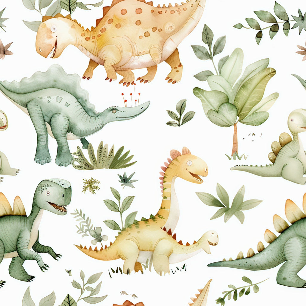 watercolor dinosaurs, green dinosaurs, orange dinosaurs, yellow dinosaurs, tropical leaves, palm fronds, botanical elements, prehistoric creatures, stegosaurus, brontosaurus, t-rex,, fabric panel, children's fabric, nursery fabric, soft pastels, whimsical illustration, seamless pattern, dinosaur theme, jungle plants
