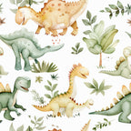 watercolor dinosaurs, green dinosaurs, orange dinosaurs, yellow dinosaurs, tropical leaves, palm fronds, botanical elements, prehistoric creatures, stegosaurus, brontosaurus, t-rex,, fabric panel, children's fabric, nursery fabric, soft pastels, whimsical illustration, seamless pattern, dinosaur theme, jungle plants