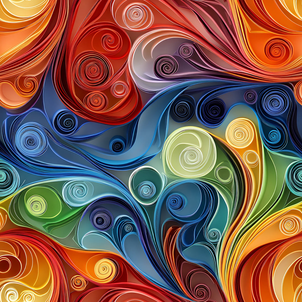 abstract art, paper quilling, swirls, spirals, orange, red, blue, green, yellow, purple, flowing curves, colorful, vibrant, artistic pattern,, fabric panel, contemporary design, dimensional look, rainbow colors, decorative swirls, modern art style