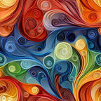 abstract art, paper quilling, swirls, spirals, orange, red, blue, green, yellow, purple, flowing curves, colorful, vibrant, artistic pattern,, fabric panel, contemporary design, dimensional look, rainbow colors, decorative swirls, modern art style