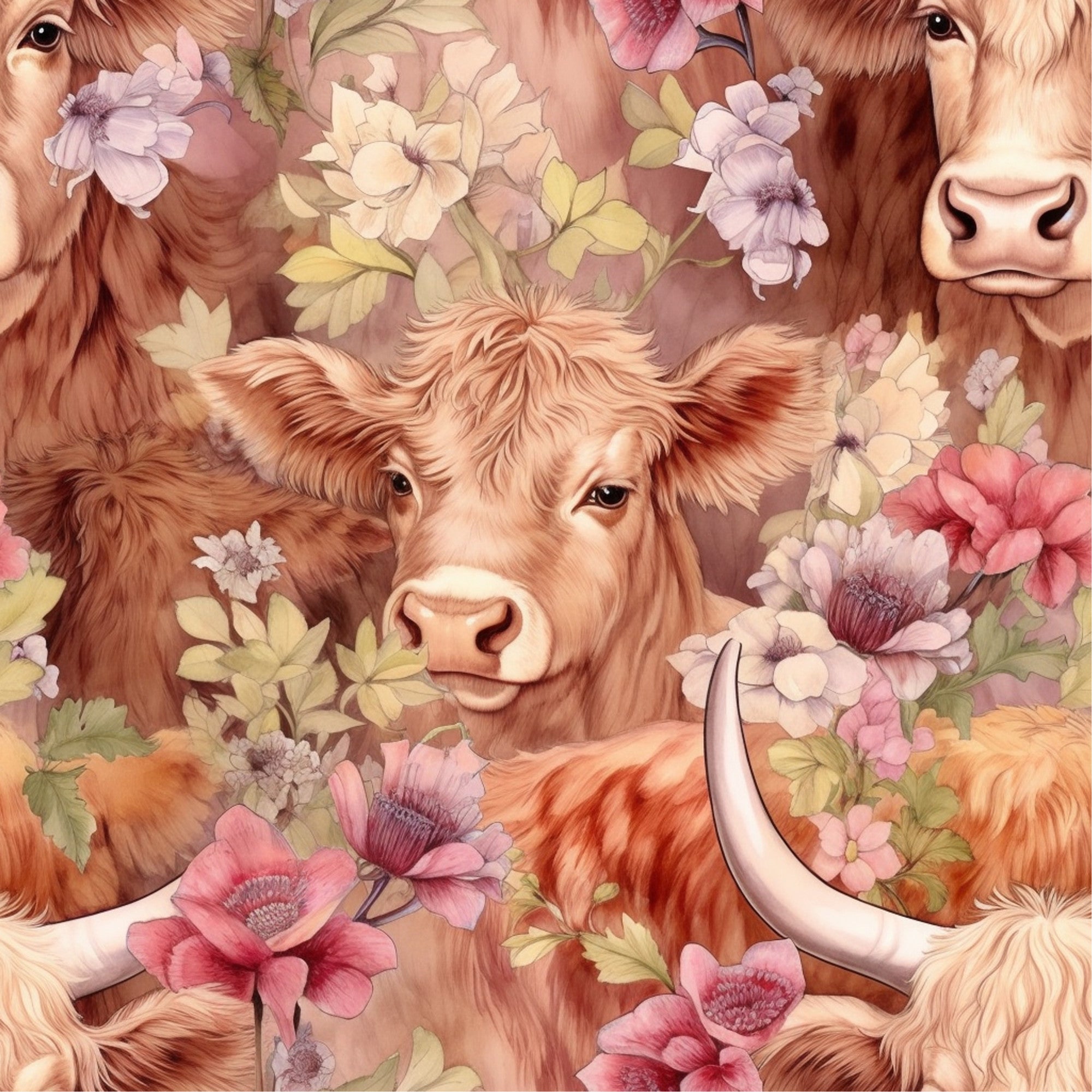 highland cows, floral pattern, brown fur, pink flowers, cream colored, pastoral scene, farm animals, botanical design,, fabric panel, soft pastels, watercolor style, country theme, gentle expression, flowing hair, nature motif, rustic charm, coral blooms, warm tones, peaceful mood