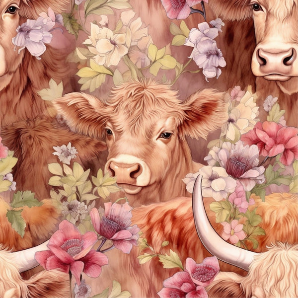 highland cows, floral pattern, brown fur, pink flowers, cream colored, pastoral scene, farm animals, botanical design,, fabric panel, soft pastels, watercolor style, country theme, gentle expression, flowing hair, nature motif, rustic charm, coral blooms, warm tones, peaceful mood