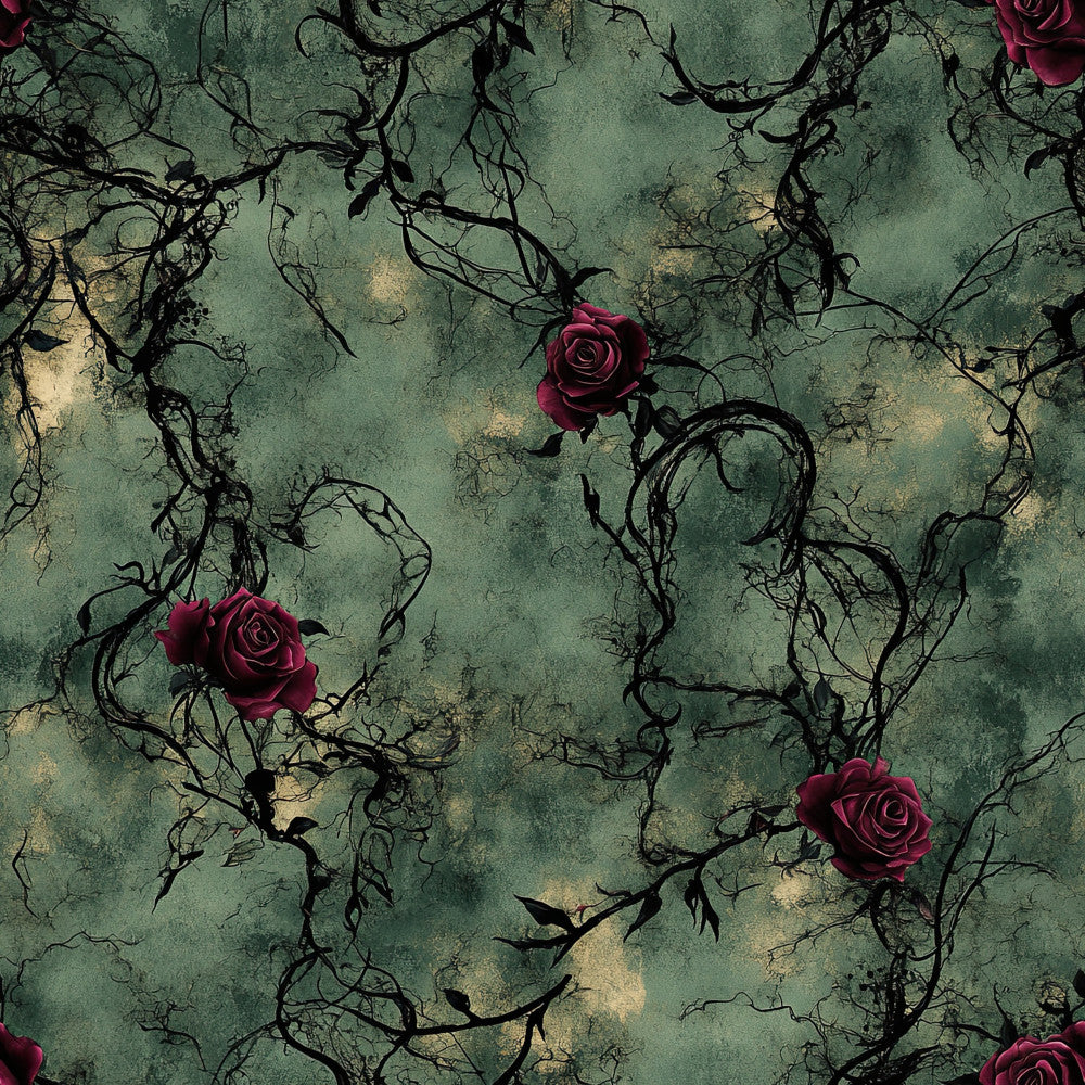 deep burgundy roses, forest green background, dusty sage green, vintage floral, gothic roses, dark red flowers, twisted vines, black branches, romantic pattern, elegant design, dark moody aesthetic, grunge texture, distressed background, nature inspired, botanical motif, gothic botanical, dark romantic, timeless elegance, vintage inspired, grungy floral, climbing vines, thorny branches, deep jewel tones, dark fantasy, dramatic floral, sophisticated style, autumn aesthetic, dark academia