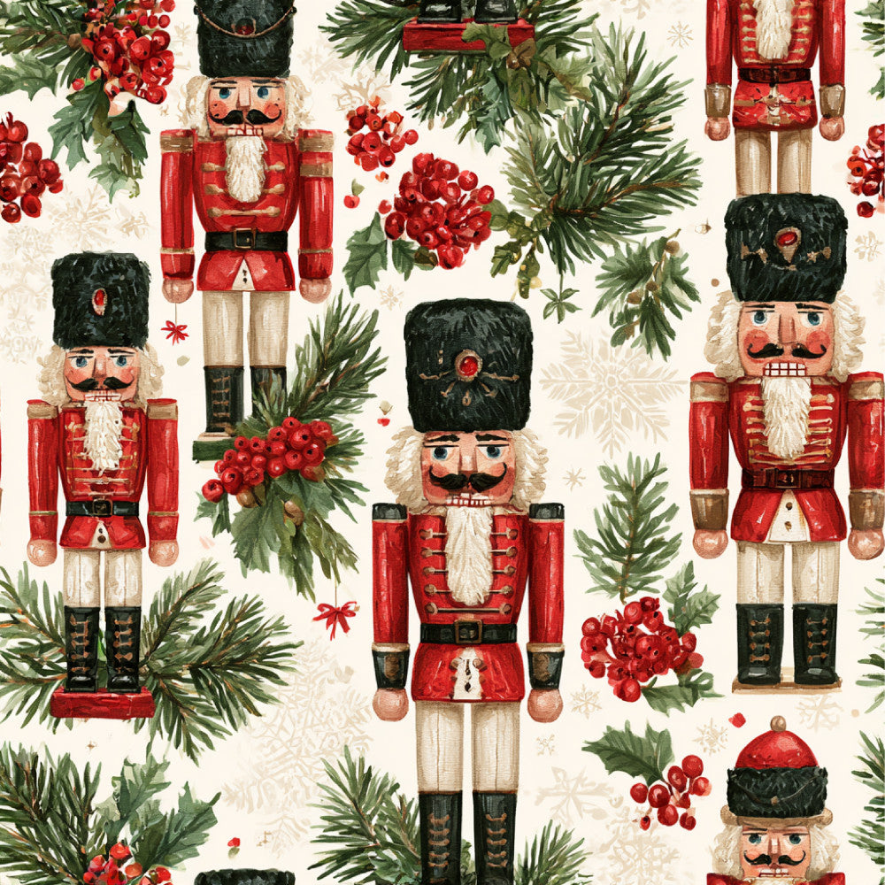 nutcracker, christmas, holiday, red, forest green, cream, ivory, traditional, vintage, festive, soldier, toy soldier, evergreen branches, holly berries, red berries, pine needles, whimsical, classic, nostalgic, winter, seasonal, children, kids, playroom, nursery, elegant, decorative, retro, winter holiday, red and green