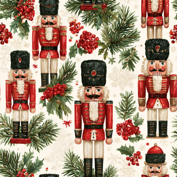 nutcracker, christmas, holiday, red, forest green, cream, ivory, traditional, vintage, festive, soldier, toy soldier, evergreen branches, holly berries, red berries, pine needles, whimsical, classic, nostalgic, winter, seasonal, children, kids, playroom, nursery, elegant, decorative, retro, winter holiday, red and green