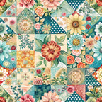 teal, coral, peach, yellow, cream, floral motifs, roses, daisies, sunflowers, botanical leaves, patchwork blocks, geometric squares, polka dots, vintage style, spring theme,, fabric panel, cottage garden, mixed florals, pastel tones