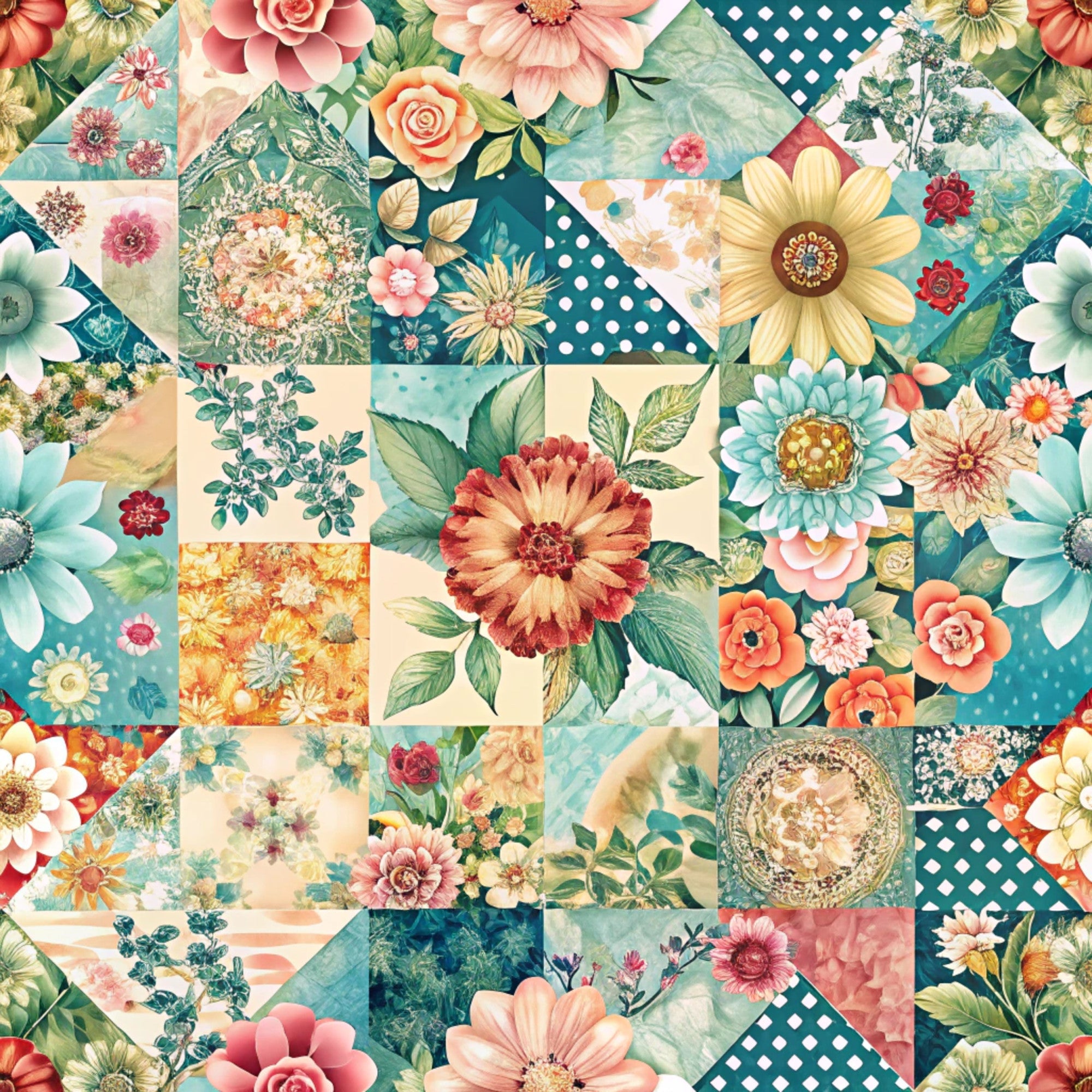 teal, coral, peach, yellow, cream, floral motifs, roses, daisies, sunflowers, botanical leaves, patchwork blocks, geometric squares, polka dots, vintage style, spring theme,, fabric panel, cottage garden, mixed florals, pastel tones